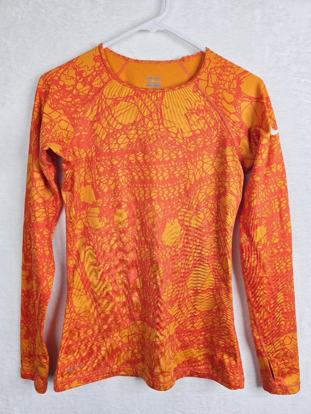 Nike Pro Dri Fit Long Sleeve Compression Top Orange Tonal Print Thumbholes Women